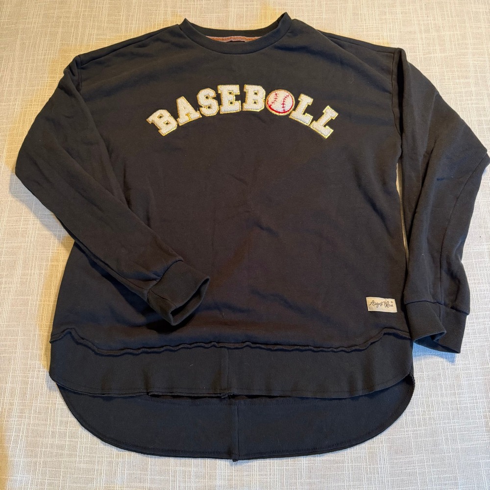 August Bleu Womens XL Black Baseball Chenille Patch High-Low Sweatshirt Pullover